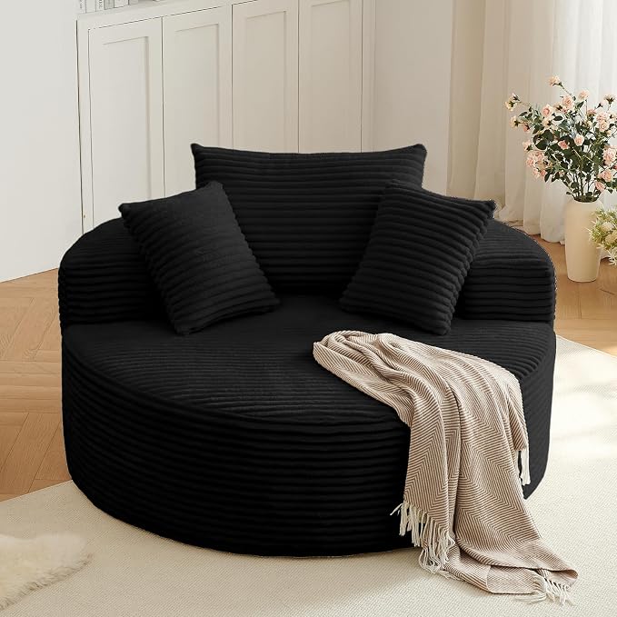 55'' Oversized Round Lounge Chaise Chair, Corduroy Upholstered Indoor Chaise by cloudcouch