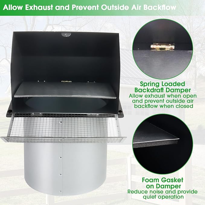 5 inch dryer Vent Cover Exterior Wall Vent Hood Outlet Airflow Vent Dryer exhaust vent with Screen and Damper,Outdoor Dryer Vent Cover cap for Range Hood/Kitchen Air Ventilation,Galvanized Steel,Black