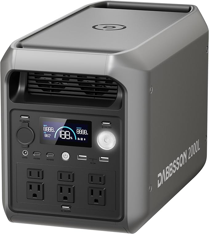 DABBSSON 2048Wh Portable Power Station, Safe Semi-Solid LiFePO4, 3300W Power Boost, 2200W AC Output ×6, 41lb,Compact & Lightweight, 1.3X Runtime, 2000L Solar Generator for Camping/Home/RV