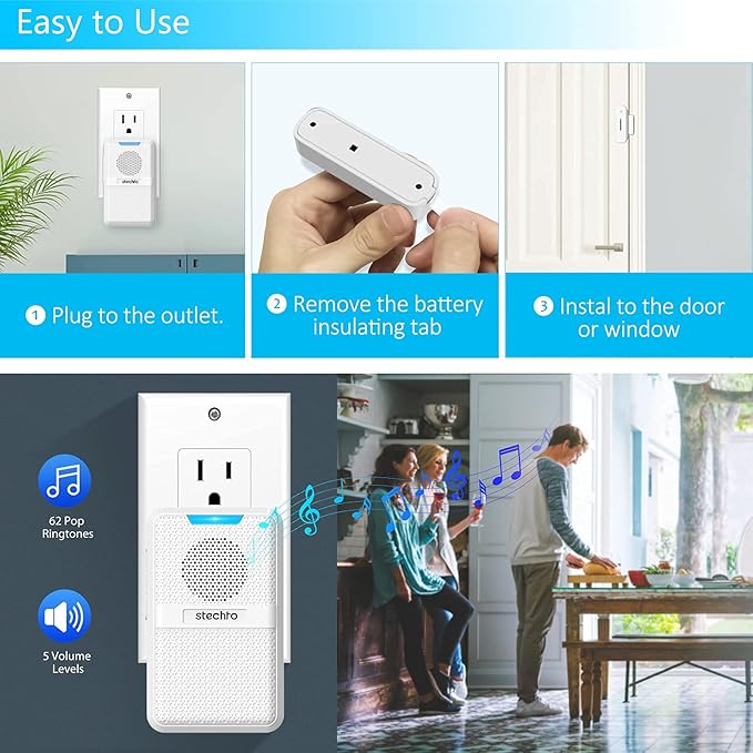 Door Chime, Wireless 600Ft Range 5 Levels Adjustable Volume Magnetic Door Open Contact Sensor with 62 Chimes Mute Mode Door Bell Plugin Receiver for Home/Office/Store White (1 Receiver + 2 Sensors)