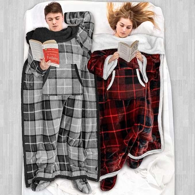 PAVILIA Sherpa Blanket with Sleeves, Foot Pocket for Women Men Adults, Thick Wearable Blanket Throw Wrap, Fleece Warm Snuggle Blanket Robe, Cozy Gift Ideas Wife Mom, Plaid Gray