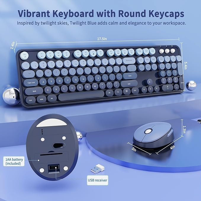 Nowlike Wireless Keyboard and Mouse Combo, Retro Typewriter Keyboard with Round Keycaps, Full-Size Ergonomic, Blue, Ideal for Windows PC, Home, Office, and College, Wireless Keyboard Mouse Combo