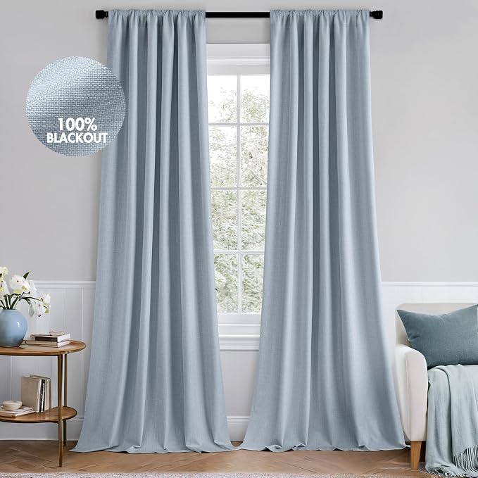 MIULEE 100% Blackout Back Tab Pleat Linen Curtains 50"Wx108"L, Chambray Blue | by MIULEE
