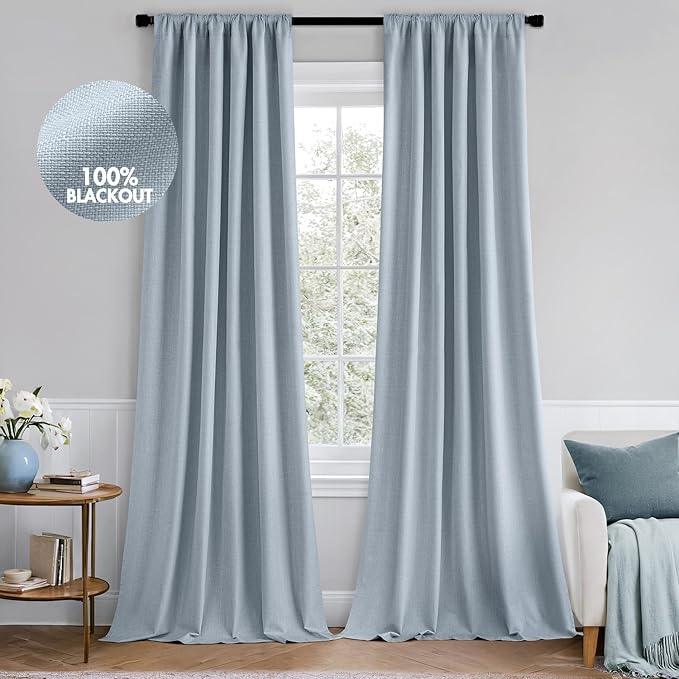 MIULEE 100% Blackout Back Tab Pleat Linen Curtains 50" Wx90 L, Chambray Blue | by MIULEE