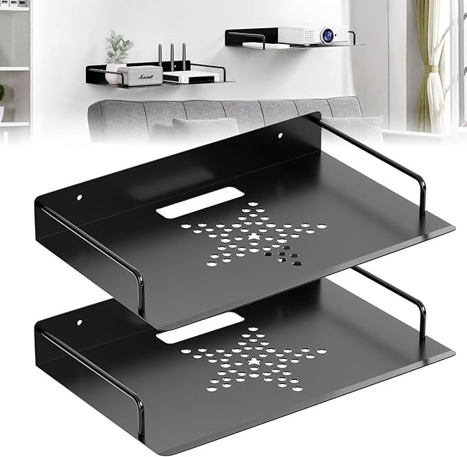 Floating Shelves for Projector, Metal Wifi Router Shelf, Cable Box Wall Mount, Dvd Player Shelf, Wall Mounted Floating Stand/Holder-2pcs