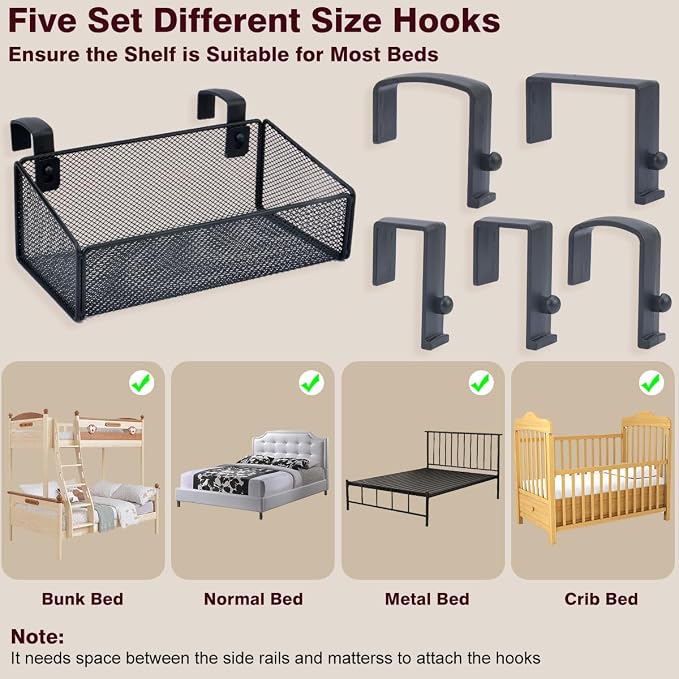 Bedside Shelf Bunk Bed Organizer Shelf Hanging Storage Metal Basket Phone Holder - Image 3