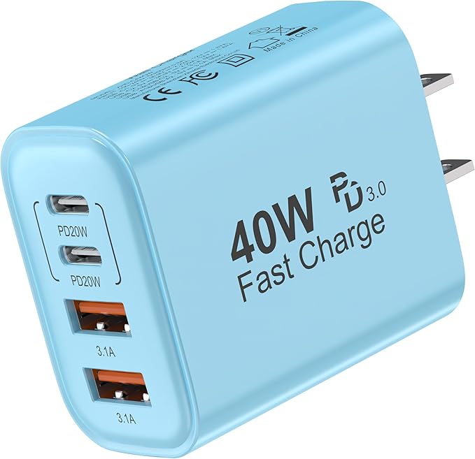 TT&C USB C Block 40W, 4 Ports Wall Plug Fast Charging Block, PD+QC Multiport Power Adapter USB C Charger Type C for iPhone 17, 17 Air, 17 Pro, 17 Pro Max, 16,15,14,13,12, Galaxy Phones (Blue 1Pack)