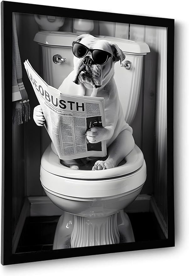 OIQArtOIQ Funny Bathroom Framed Wall Art Black and White Animal Canvas Wall Art by OIQArtOIQ