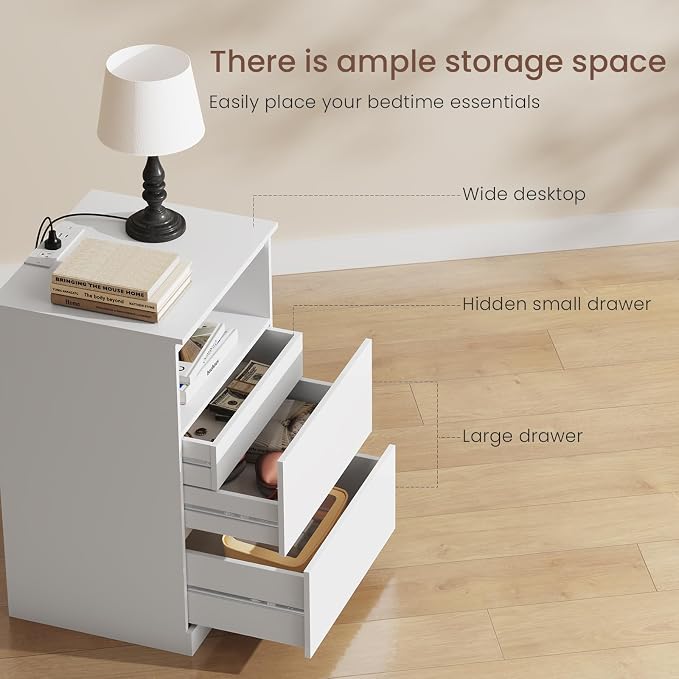 Nightstands Set of 2 with Charging Station, LED Lights, Hidden Drawer, Modern - Image 4