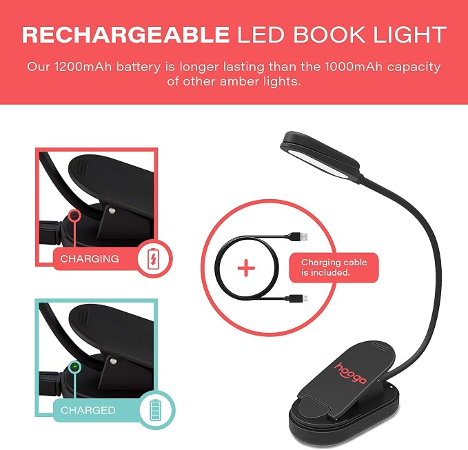 hooga Amber Book Light, Rechargeable Clip-On Blue Light Blocking LED Reading - Image 4