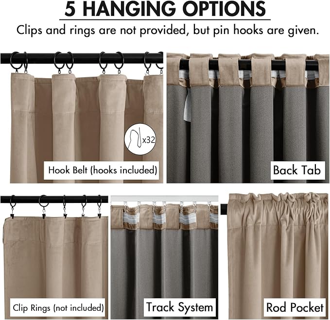 MIULEE Velvet Curtains 50W x 96L 2 Panels Camel Beige Blackout Curtains | - Image 2