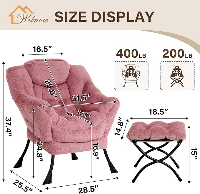 Welnow Lazy Chair with Ottoman, Reading Chair with Footrest, Plush Dark Pink | - Image 3