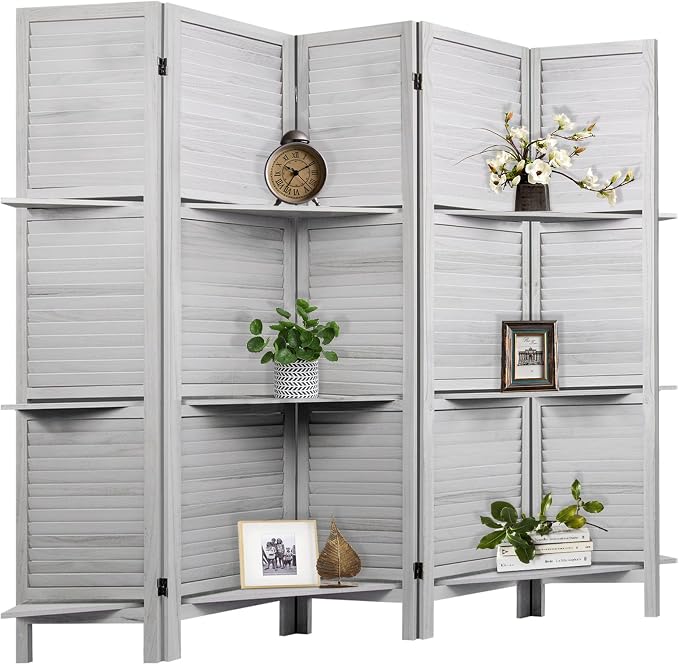 Room Divider with Shelves, 5 Panel Grey Privacy Screen | Partition Room by AMBITION+LAND