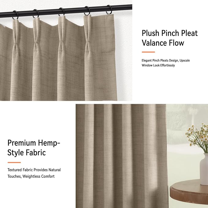 Pinch Pleated Full Blackout Faux Linen Curtains 90 Inches Long | Grey Beige - Image 8