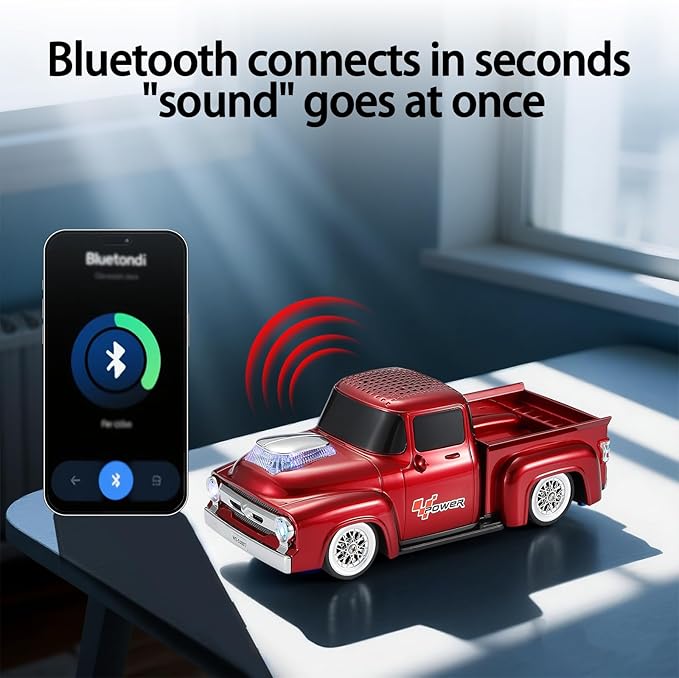 WSTER WS-538 Retro Pickup Truck Bluetooth Replica Speaker – Portable Wireless Car Model Speaker with FM, TWS, LED Party Lights, USB/TF Playback, Built-in Microphone, Type-C, Surprise Gift(Red)