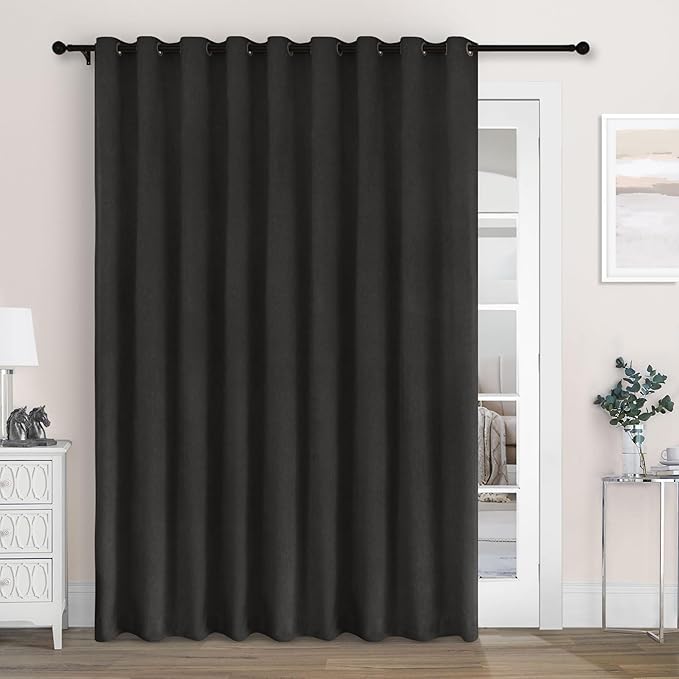 Macochico Extra Wide 100% Blackout Chenille Curtains 100" Wx96 L Thermal Drapes for Sliding Door Living Room Bedroom Auditorium Hotel Charcoal Grey Curtain Grommet Top with Tieback Classic 1 Panel