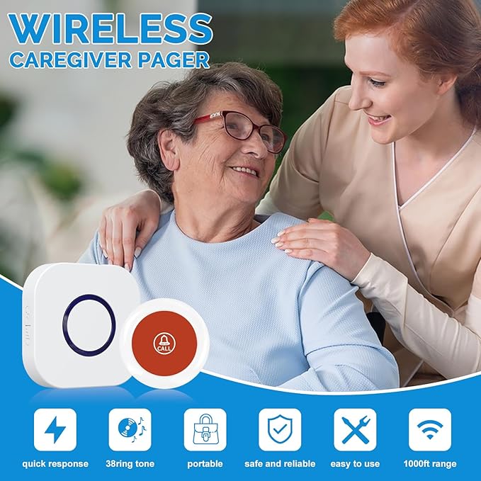Wireless Caregiver Pager Dual Receiver Home Alert System with Emergency Call Bell SOS Buzzer Buttons for Elderly Parents 1000+ Feet Range 38 Melodies AB Buttons No Monthly Fee 2RX+2TX White