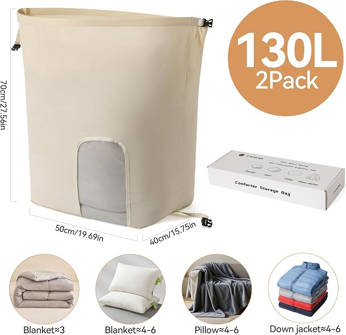 2-Pack Roll Top Comforter Storage Bag, Blanket Storage Bags | Taslon Fabric - Image 2