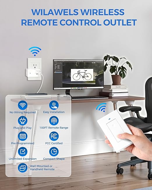 WILAWELS Mini Remote Control Outlet Wireless Light Switch, Programmable and Removable Remote Outlet Switch Kit for Lamps, Fan, Home Appliance, 100ft RF Range, No Wiring, FCC Listed W08RC1106