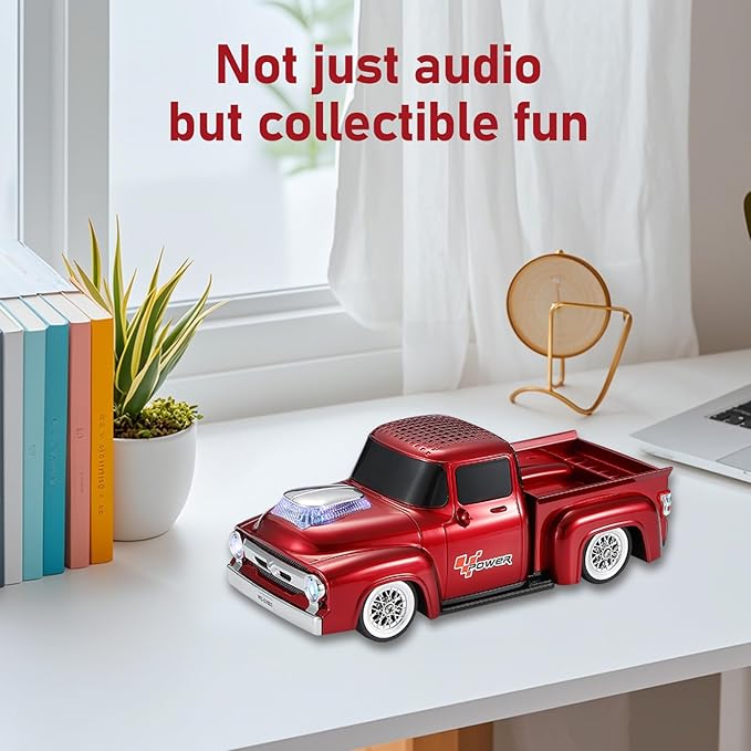 WSTER WS-538 Retro Pickup Truck Bluetooth Replica Speaker – Portable Wireless Car Model Speaker with FM, TWS, LED Party Lights, USB/TF Playback, Built-in Microphone, Type-C, Surprise Gift(Red)