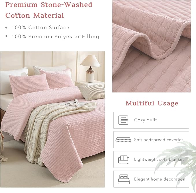 CozyTide Stone-Washed Cotton King Quilt, Blush Pink Stitching Pattern King Size - Image 4