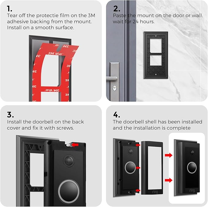 No-Drill Adhesive Mount Ring Video Doorbell Wired 5AT3T5 Apartment Rental Strong Tape Damage-Free Install Outdoor Brick Wall Metal Door Holder Bracket