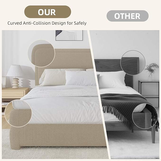 BarnFurin Full Size Bed Frame,Cloud Boucle Upholstered Platform Bed Frame with Headboard, Modern Style, Soft Rounded Corners, No Box Spring Required, Easy Assembly, Beige