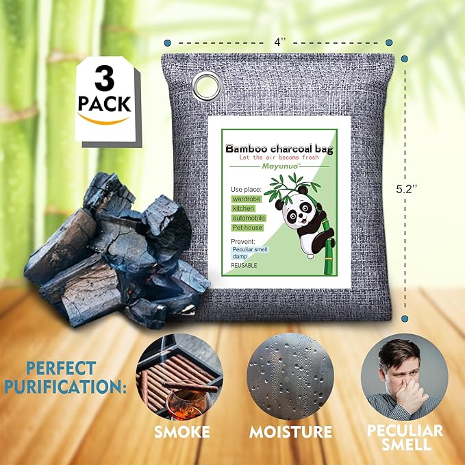 Mayunuo Activated Charcoal Odor Absorber for Strong Odor, Basement, Cars, Closets, Shoes, Smoke. 3 Pack Bamboo Charcoal Air Purifying Bags Deodorizer Odor Eliminator for Home