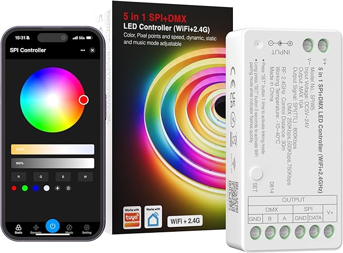 PAUTIX WiFi SPI+DMX SPIW5 Tuya SPI LED Controller Compatible with Alexa/Google Home,for Single Color/CCT/RGB/RGBW/RGBCCT SPI LED Strip Lights,Work with WS2811 SK6813 IC Addressable LED Strip