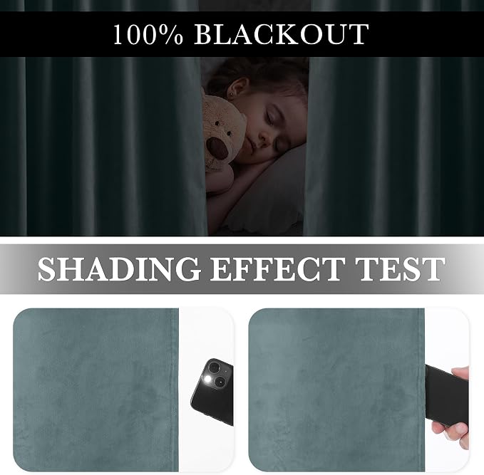RYB HOME 100% Blackout Blue Velvet Curtains 90 inches Long, Back Tab Thermal - Image 4