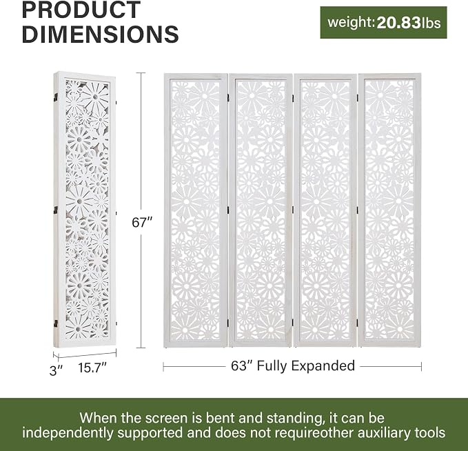 Folding Wood Room Divider Panel, 67 Inch Tall Daisy-Carved Privacy Screen - Image 4