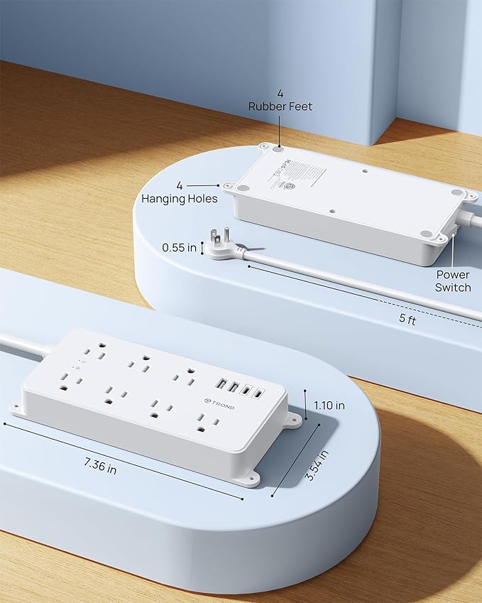 TROND Power Strip Surge Protector, 7 Widely Spaced Outlets with 2 USB A and 2 USB C, ETL Listed 1700J, Wall Mount, Flat Plug 5ft Extension Cord 14AWG Heavy Duty, for Home, Office Garage, White