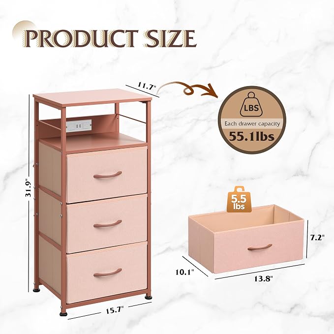 WLIVE Nightstand with Charging Station, 31.9" H Nightstand with 3 Fabric Drawers - Image 3