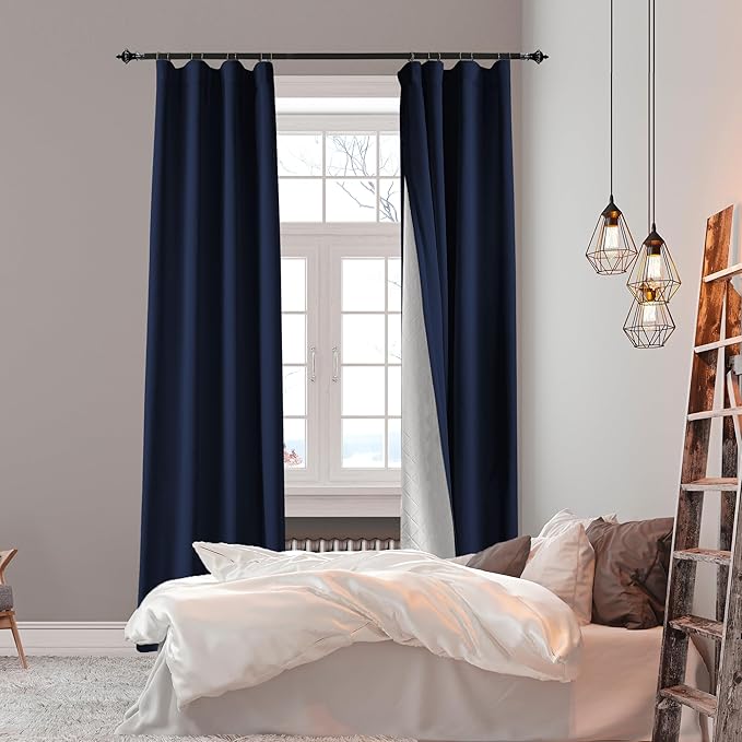 3-in-1 100% Blackout Curtains 90 Inches Long, Thermal Insulation, Soundproof Back Tab Drapes for Bedroom Living Room Sliding Glass Door, with Pin Hooks, Navy Blue 50x90Inch 1 Panel