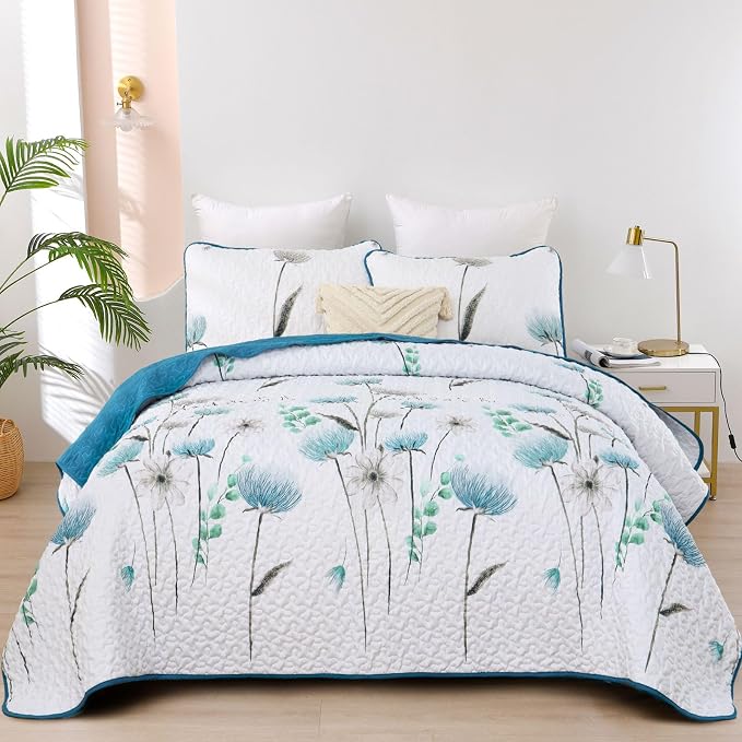 Dinjoy Quilt Set Full Size, Teal Blue Floral Bedspread by DINJOY