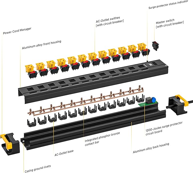 CRST 12 Outlet Heavy Duty Metal Power Strip with Individual Switches, 9FT Surge Protector Power Strip with Cord Managment, 15A/1875W 1020J Wide Spaced Outlets for Garage, Workshop, Home, School