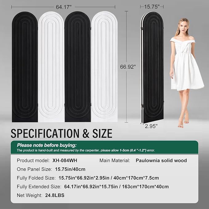 Wood Room Divider and Folding Privacy Screen 4 Panel White Black | Arched Room - Image 7