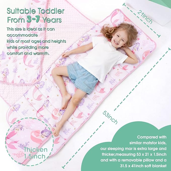 ACRABROS Toddler Nap Mat with Pillow and Blanket, Extra Large Rolled Napping Mats,Slumber Bags for Boys Girls,Kids Sleeping Bag for Daycare, Preschool Travel Camping,Mermaid