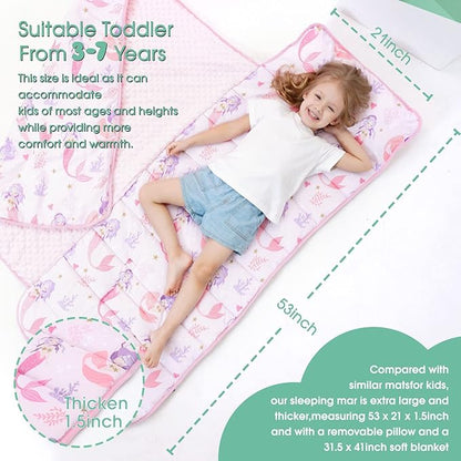 ACRABROS Toddler Nap Mat with Pillow and Blanket, Extra Large Rolled Napping Mats,Slumber Bags for Boys Girls,Kids Sleeping Bag for Daycare, Preschool Travel Camping,Mermaid