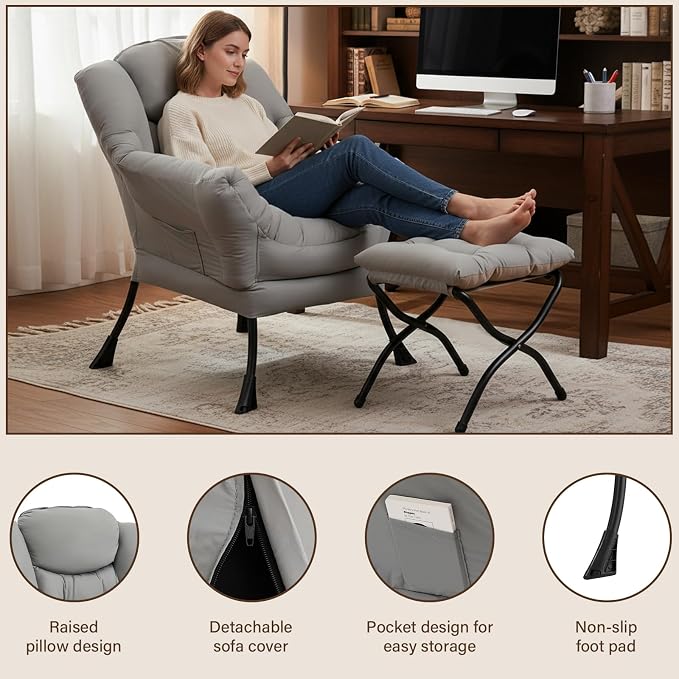 Welnow Lazy Chair with Ottoman, Reading Chair with Footrest, Light Grey | A - Image 6