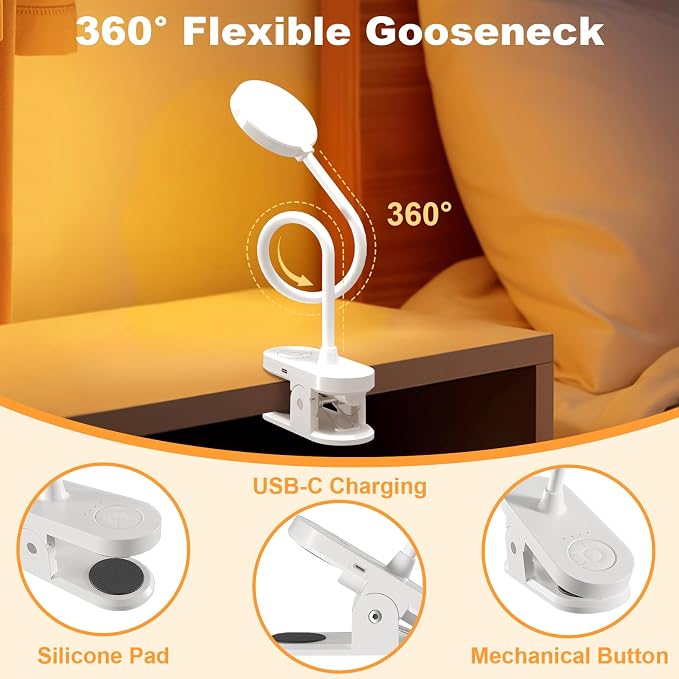 Cordless Reading Lamp with Clamp, 3.5'' Rechargeable LED Clip Light - Image 3