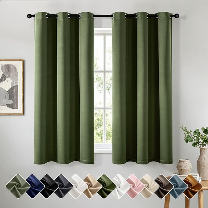 Short Olive Green Blackout Kitchen Curtain W40 x L54 Inch 2 Panels | Thermal by Woaboy