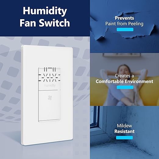 LIDER No Neutral Wire Required Humidity Sensor Switch, Automatic Humidity Detection, Air Circulator, Bathroom Fan Automated Control, Adjustable Timing, 1-Pole, UL Listed, White, Wall Plate Included