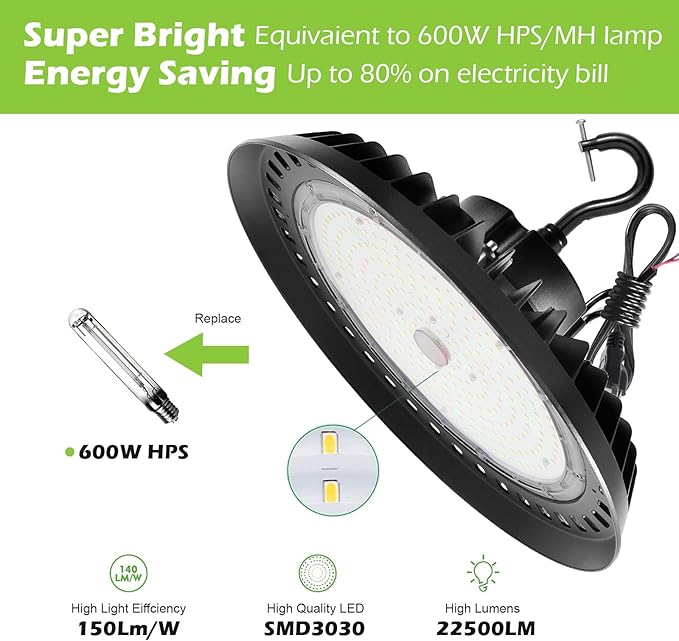 UFO Led High Bay Light 150W 2250lm 5000K 1-10V Dimmable High Bay Led Shop Lights ETL Listed US Hook 5' Cable Led High Bay Lights Alternative to 650W MH/HPS for Shop Warehouse Gym Factory