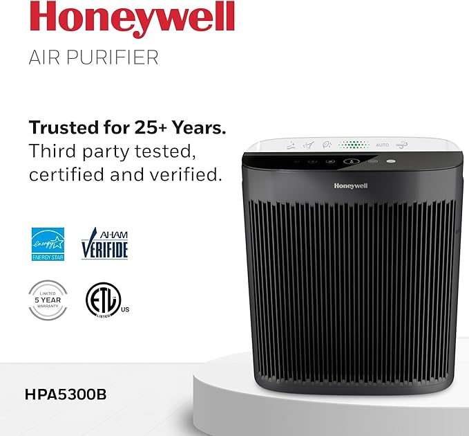 Honeywell HEPA Air Purifier for Home, 2423 Ft² Rooms in 1 hour, Air Quality Monitor, Auto Mode, Reduces Allergens, Dust, Pollen, Pet Dander, Odors, Smoke, Black, HPA5300B