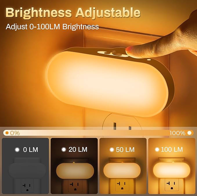 DORESshop Amber Night Light, Auto On/Off, 0-100 LM Adjustable Brightness, Dimmable Plug Into Wall Light Sensor Night Light for Kids Room, Bedroom, Stair Lights, Amber, 1W, 2 Pack
