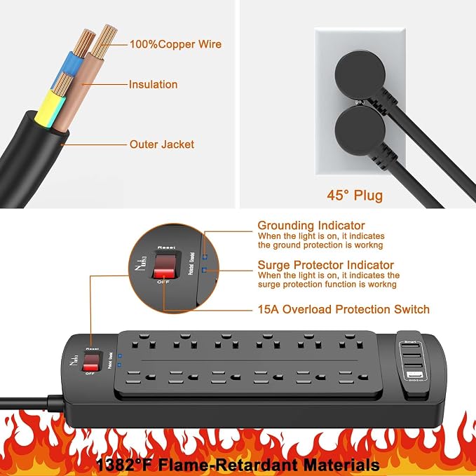 Surge Protector Power Strip, Nuetsa 12 Outlets and 4 USB Ports, 6 Feet - Image 6