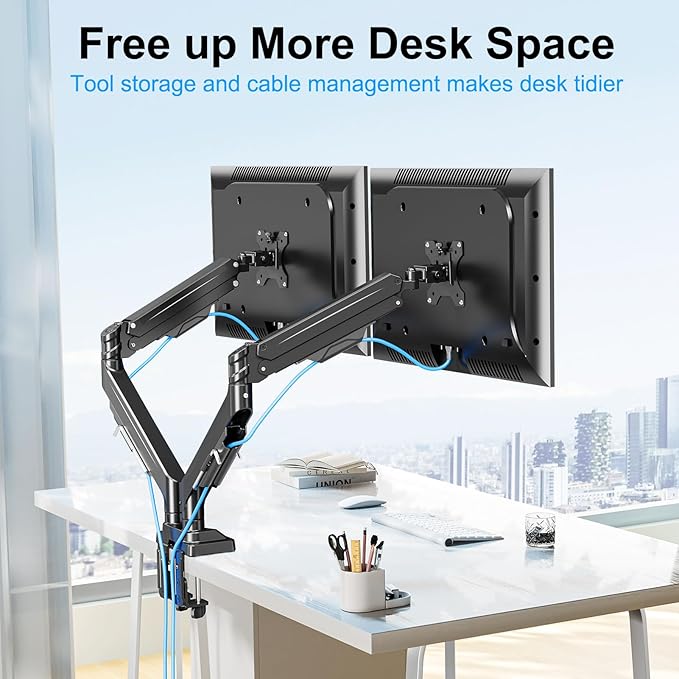 ErgoFocus Dual Monitor Mount for Screens up to 43", Heavy Duty Ultrawide Dual Monitor Arm Holds 2.2-33lbs Each, Premium Gas Spring Adjustable Computer Monitor Stand for 2 Monitors, VESA Desk Mount