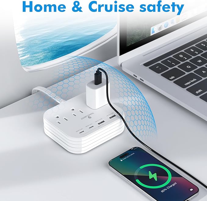 TRAVEL DEPOT Cruise Essentials Flat Plug Power Strip, Durable 5 ft Extension Cord w/ 3 Outlets Extender & Built-In Type C Cable, 2 USB & 2 USB-C Ports, No Surge Protector for Cruise Travel, Dorm, Home