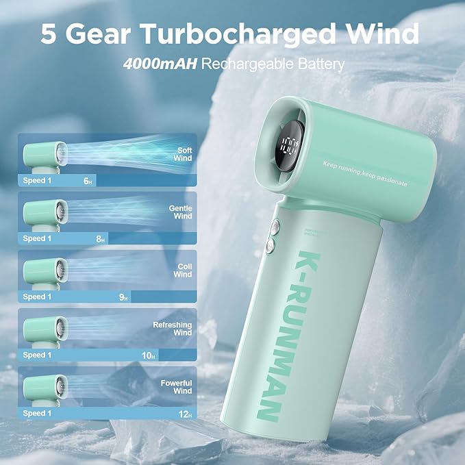 K-RUNMAN Portable Handheld Turbo Fan,100 Speeds Adjustable Mini Personal Fan, 4000mAh USB Rechargeable Battery Operated, LED Display,Gifts for Women Men Travel/Camping/Outdoor (Green)